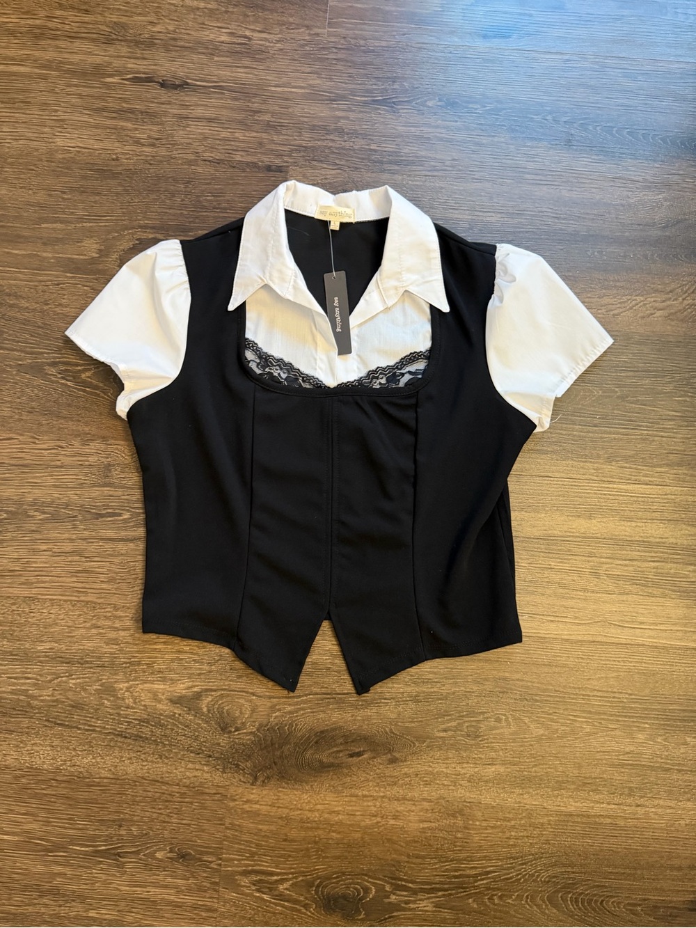 Black & White Layered Short-Sleeve Button Down Top with Lace Trim